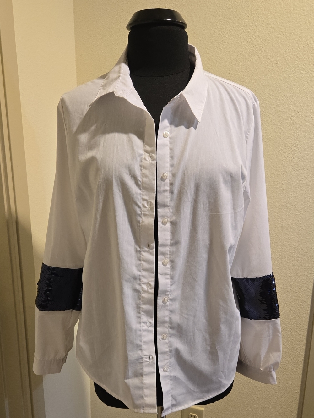 Ashley Stewart White Button-Down Shirt with Navy Sequin Sleeve Bands